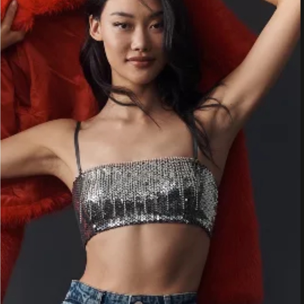Anthropologie Sequin Fringe Bralette Silver Sequin Crop Top festival season